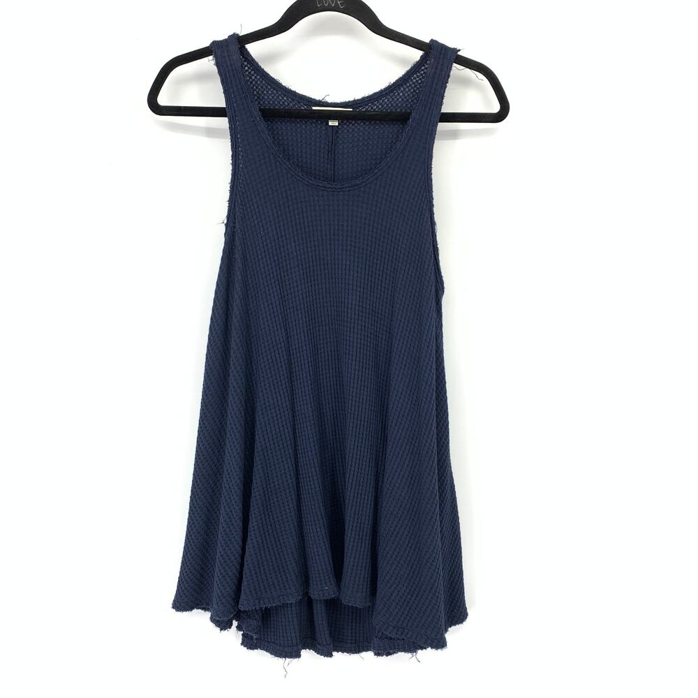 Rag Poets Shirt Womens Large Blue Waffle Knit Swing Frayed Raw Edge High-Low Hem